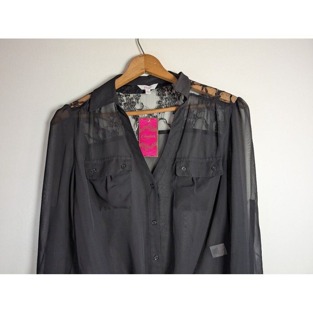 Candies‎ Top Women Juniors Medium Sheer Lace Cropped Tie Whimsigoth Witchy NEW - Picture 3 of 10